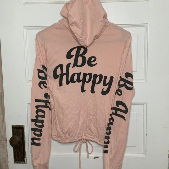 Happiness is On the Way Be Happy Hooded Light Pink Crop Top Size L - Picture 5 of 6